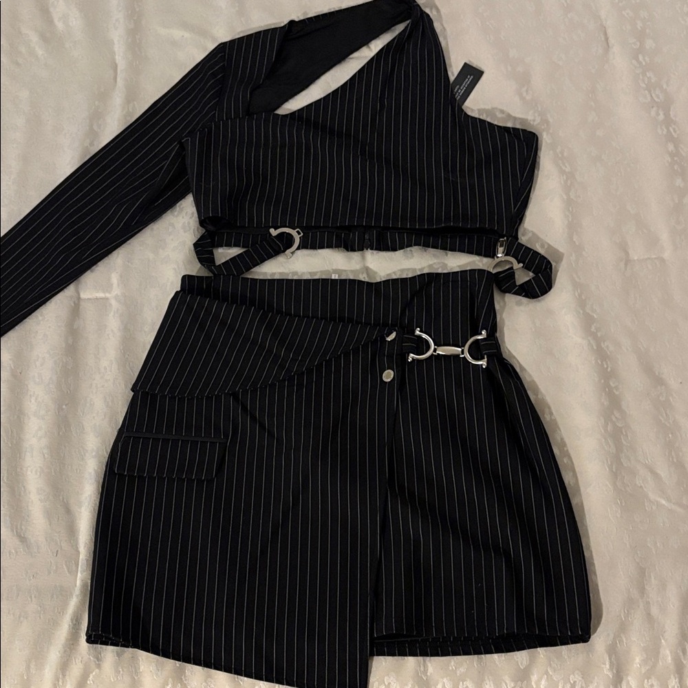 Black Pinstripe Asymmetrical Two Piece - Picture 2 of 2